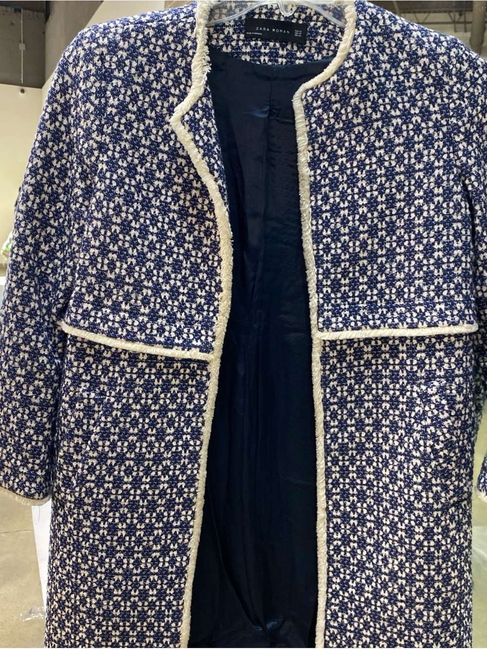 Zara Navy and White Tweed Open-Front Coat with Cream Trim